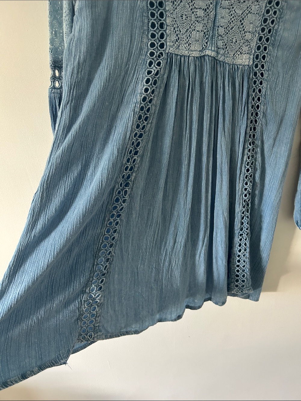 Boho Y2K Light Blue Lace-Trim Women's Peasant Top Eyelet Detail Cottagecore - Picture 11 of 12